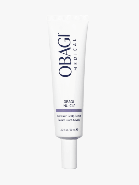 Obagi Medical Nu-Cil BioStim Scalp Serum in branded tube component on a light gray background