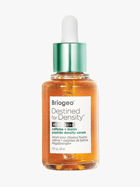 Briogeo Destined for Density Peptide Hair Serum in branded dropper component on a light gray background
